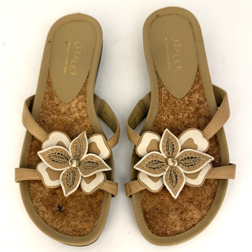 Liz Claiborne‎ LizFlex Tulip Tan Leather Cork Flower Slide Sandals Womens 9.5M